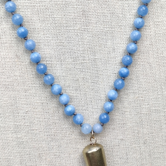 Boho 34" blue angelite stone necklace with leather tassel - Picture 1 of 6